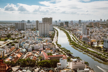 Top view of Ho Chi Minh City with the river Saigon (Sông Sài Gòn)