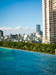 Fototapeta na wymiar View of the city Ho Chi Minh with a pool in the foreground