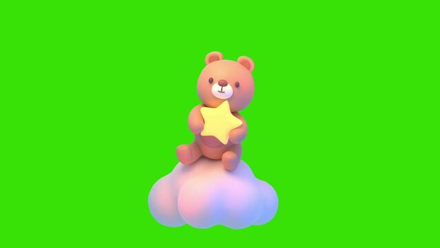Looped cute bear holding a yellow star sitting on a cloud object against green screen background.