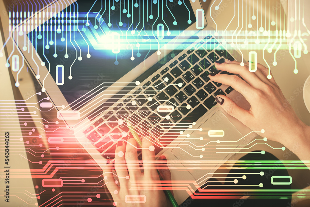 Poster Double exposure of woman hands working on computer and data theme hologram drawing. Top View. Technology concept.