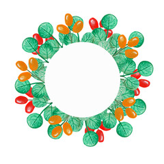 Round watercolor frame from northern leaves, round leaves, red and yellow berries template, your inscription