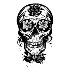 Pirate skull sketch vector illustration, Vintage skull with flower for t-shirt or poster design. Stylish jolly roger icon illustration.