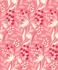Seamless floral pattern with silhouettes of wild plants. Pretty ditsy print, cute flower background design with hand drawn small flowers, leaves in abstract arrangement on pink background. Vector.