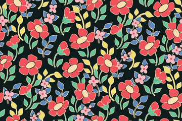 Seamless floral pattern with colorful summer meadow. Cute ditsy print, pretty flower design with hand drawn wild plants, flowers, leaves on black background. Vector botanical illustration.