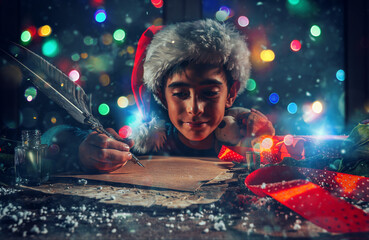 Child with Christmas hat writes a letter to santa claus for gifts