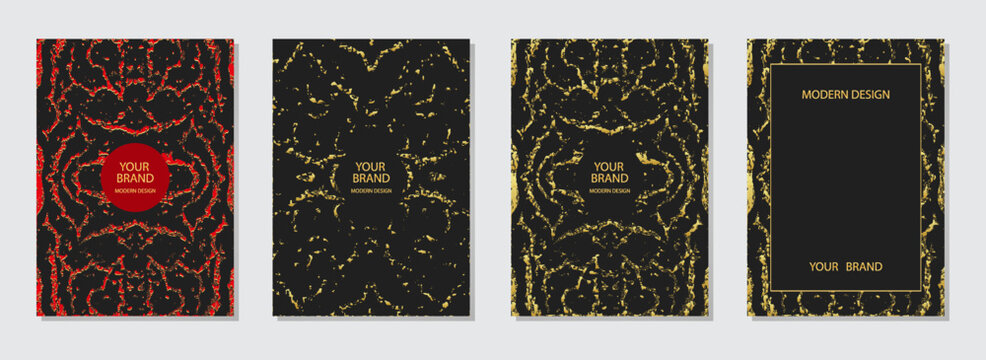 Set of designer covers. Stylized black background with artistic pattern, golden grunge texture. Collection of vertical templates for menu, brochure, flyer layout, presentation with place for text.
