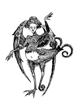 Alkonost gothic girl drawing ink Slavic mythology