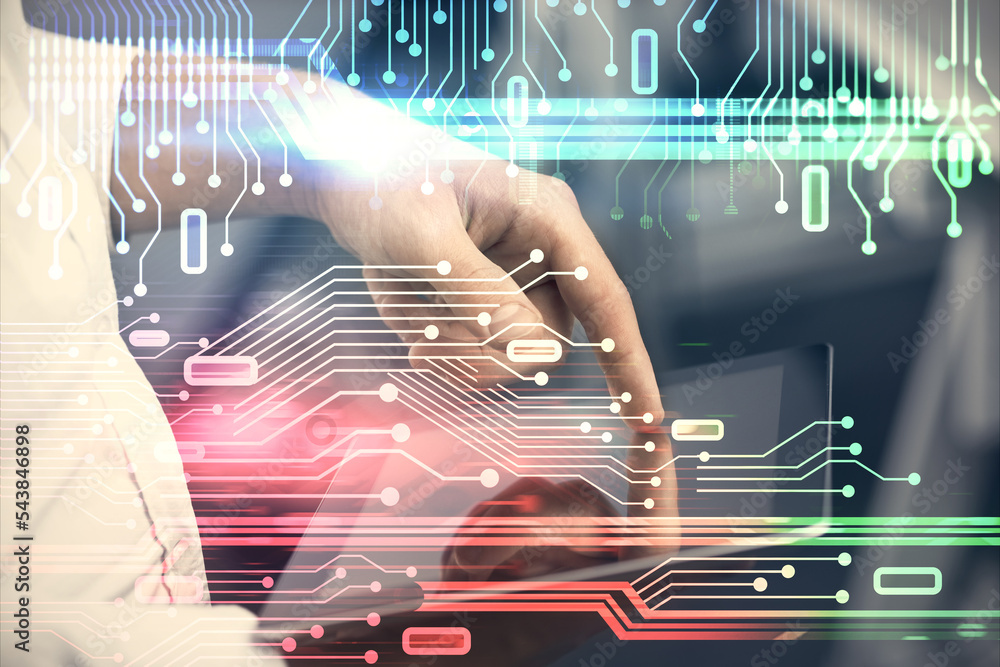 Poster Double exposure of man's hand holding and using a digital device and data theme hologram drawing. Technology concept.