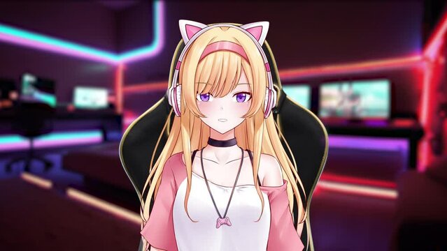Cute 2D anime girl vtuber gaming streamer interact from cyberspace bedroom 4K