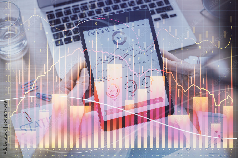 Poster double exposure of man's hands holding and using a digital device and forex graph drawing. financial