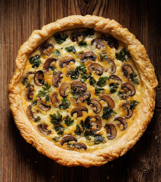 Mushroom quiche with addition of parsley on a wooden table, top view
