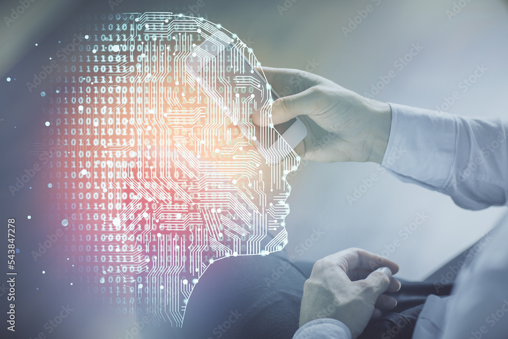 Poster Double exposure of man's hand holding and using a digital device and brain hologram drawing. Data concept.