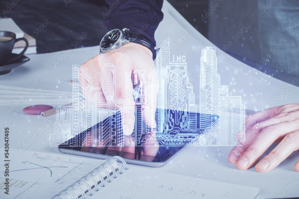Poster double exposure of man's hands holding and using a digital device and city drawing.