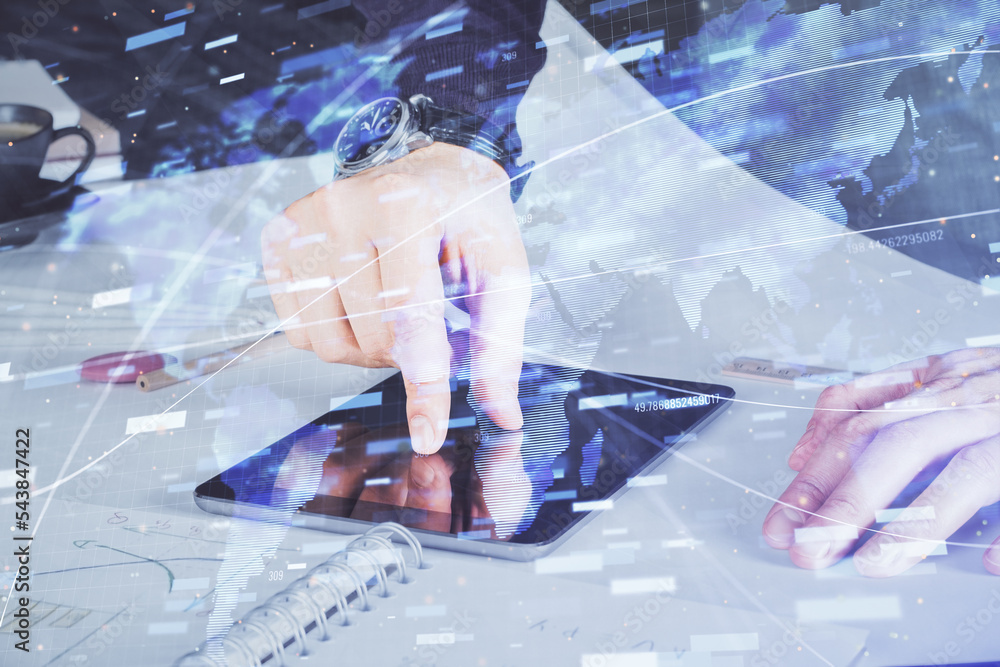Aufkleber Double exposure of man's hand holding and using a digital device and data theme drawing. Technology concept.