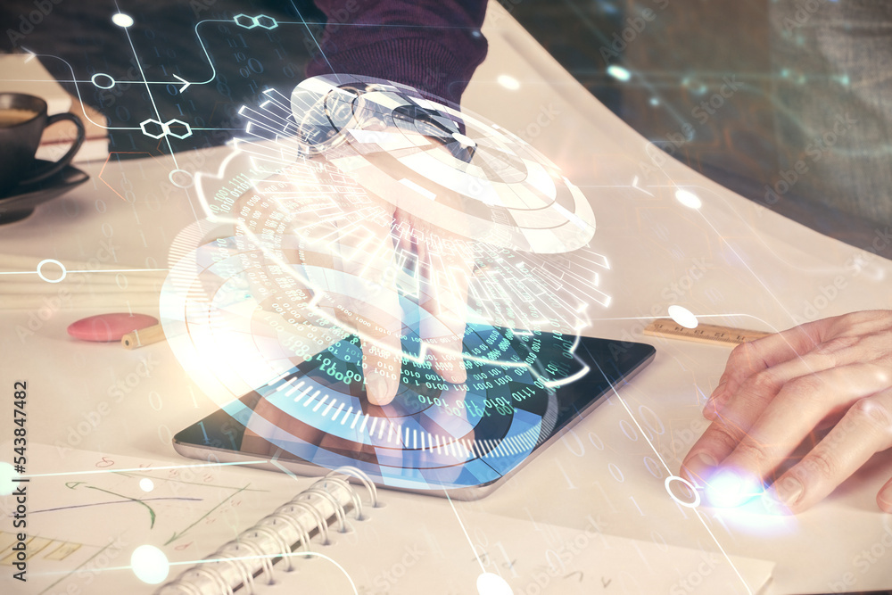 Poster Double exposure of man's hand holding and using a digital device and data theme drawing. Technology concept.