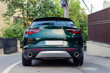 Rear view of a parked modern green SUV in a residential area with a blank European license plate