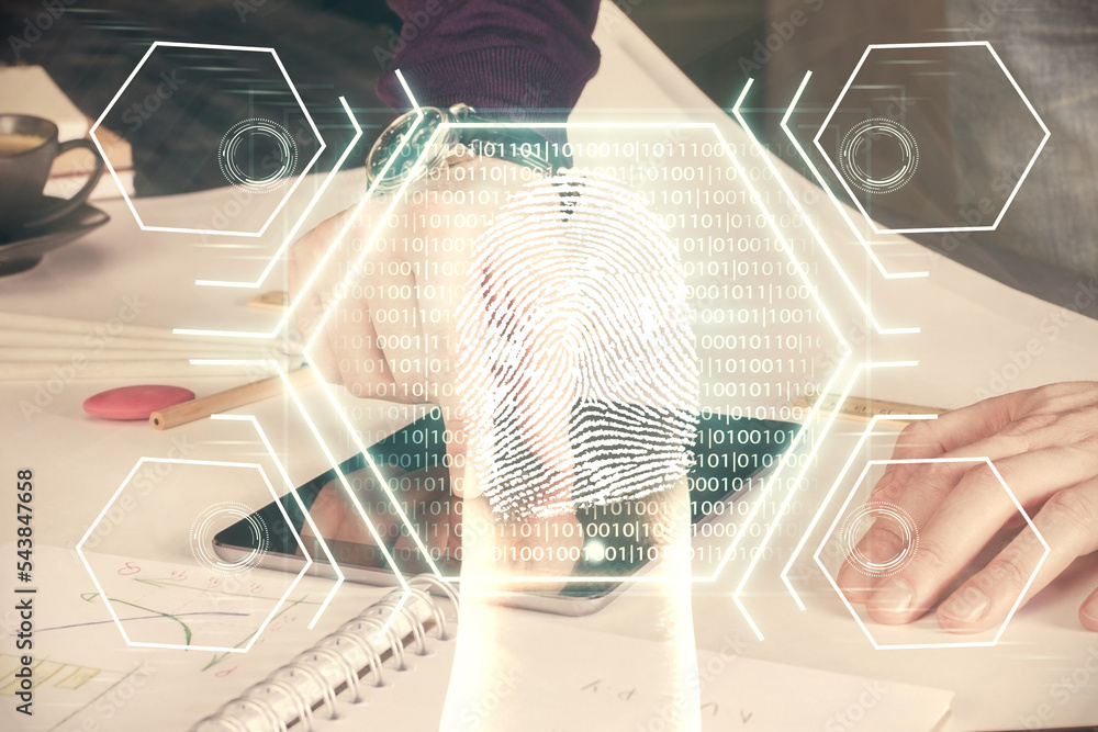 Poster double exposure of man's hands holding and using a digital device and fingerprint hologram drawing. 