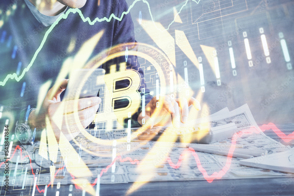 Poster Double exposure of man's hands holding and using a phone and crypto currency blockchain theme drawing.