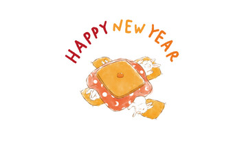 2035年　卯年の年賀状デザイン　こたつで寝ているウサギ