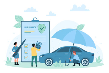 Car insurance vector illustration. Cartoon tiny people holding umbrella to protect vehicle from accidents, characters with calculator and pen to sign policy document with risk coverage and guarantee