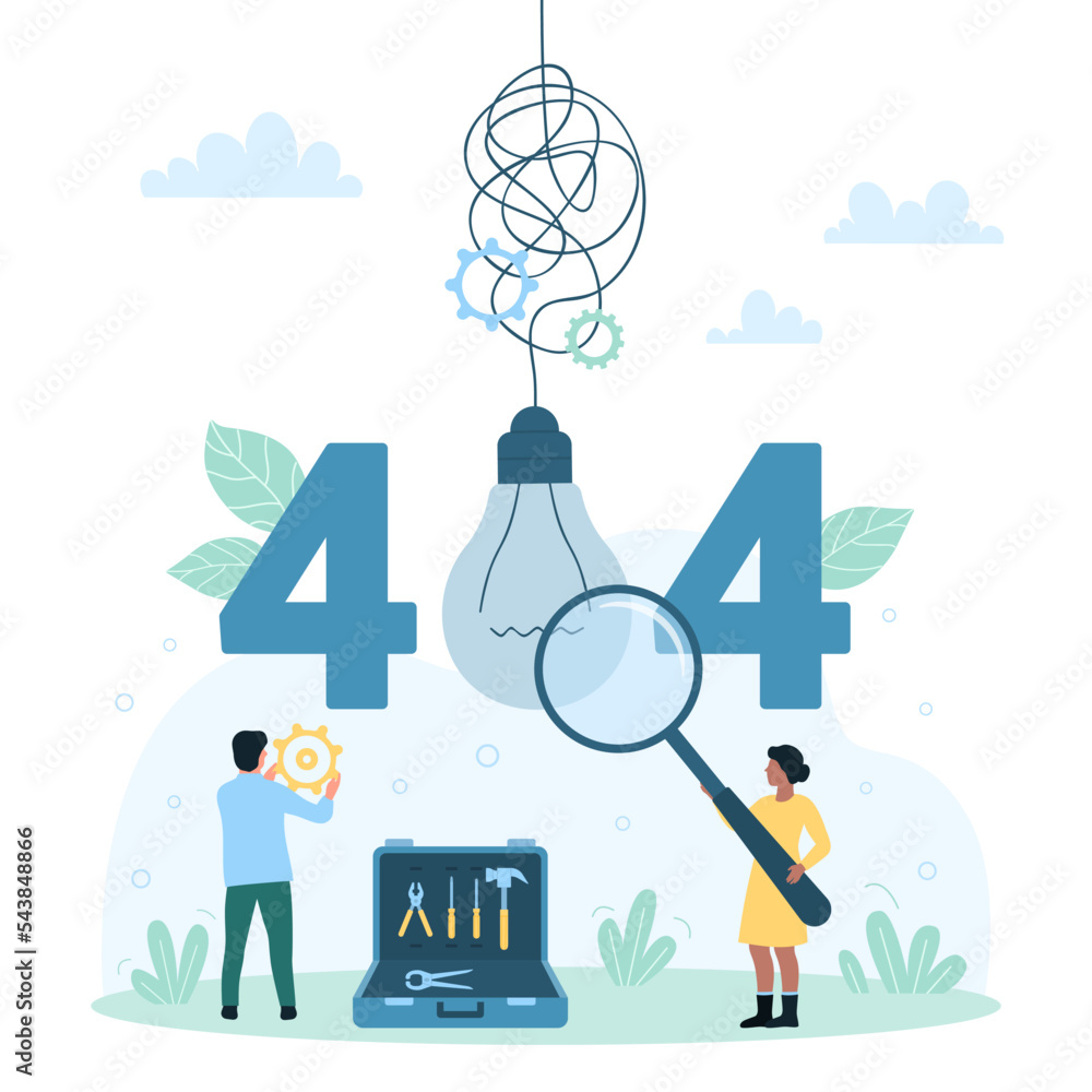 Poster 404 error, website problem and alert message vector illustration. cartoon tiny people looking throug