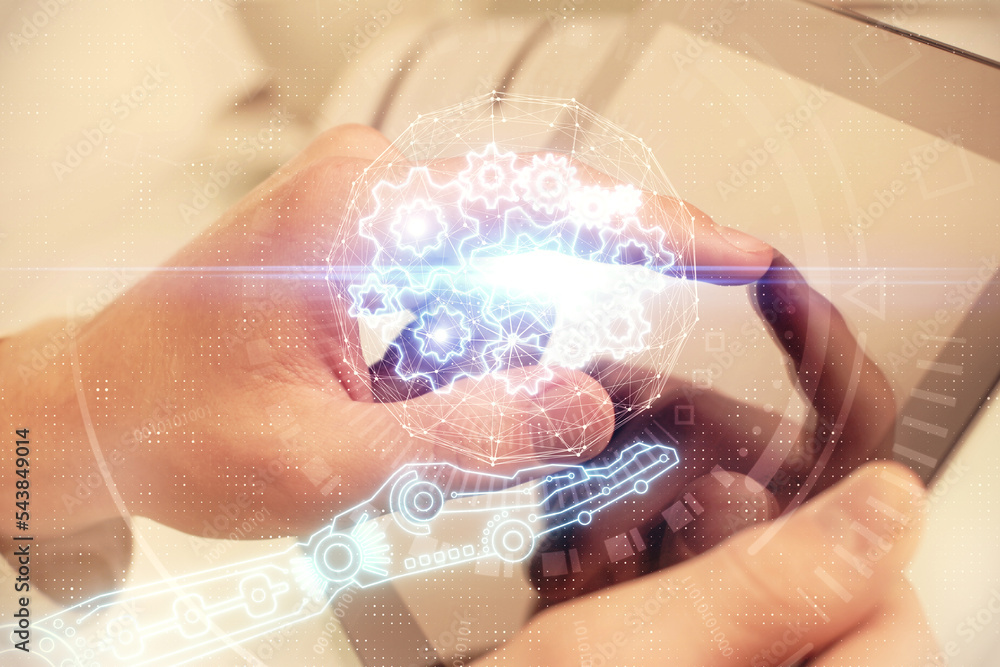 Poster Multi exposure of man's hand holding and using a digital device and data theme drawing. Innovation concept.