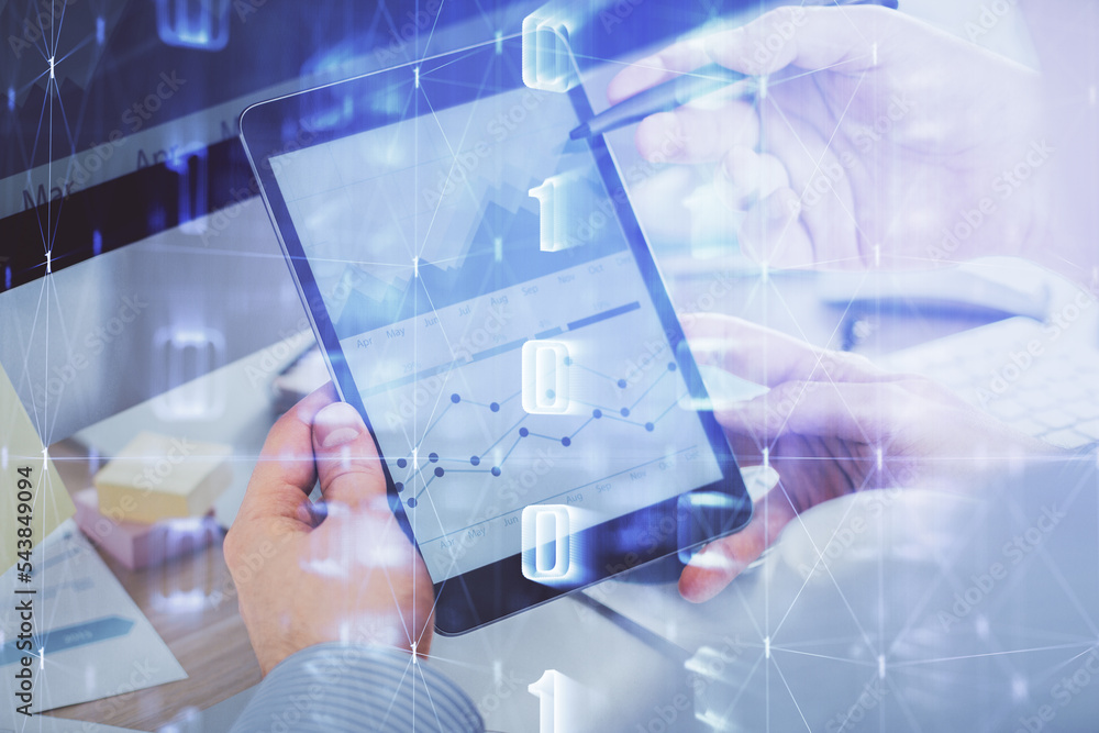 Poster Multi exposure of man's hands holding and using a digital device and data theme drawing. Innovation concept.