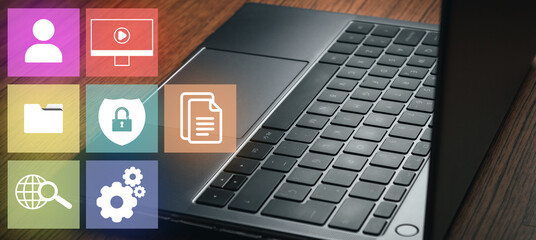 Banner of desktop with management document icons for data management system concept. Documentation...