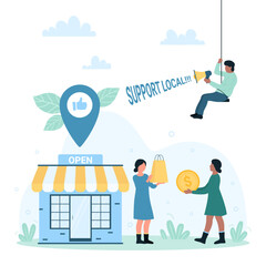 Support for owners of small businesses from community vector illustration. Cartoon tiny people holding shopping bags, dollar coin to buy in retail store, announce via megaphone help for local business