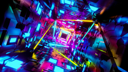 Flying in a tunnel with flashing multicolored fluorescent lights. 3D rendering illustration.