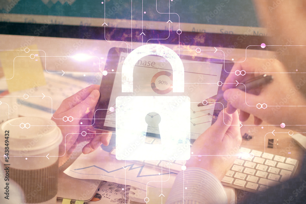 Aufkleber multi exposure of man's hands holding and using a digital device and lock drawing. security concept.