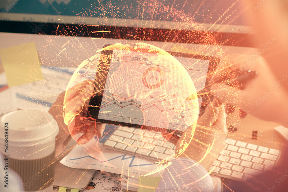 Poster double exposure of man's hands holding and using a phone and social network theme drawing.