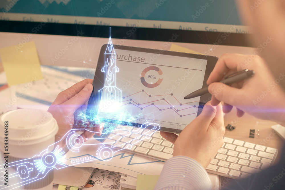 Poster double exposure of man's hands holding and using a mobile device and creative hologram drawing.