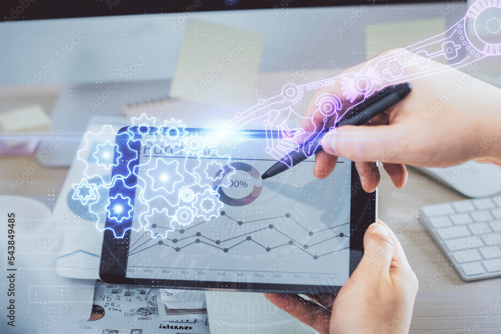 Poster Multi exposure of man's hands holding and using a digital device and data theme drawing. Innovation concept.