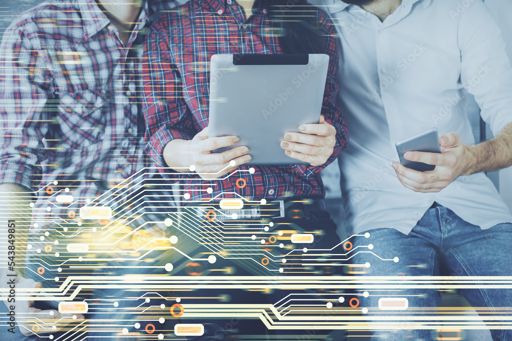 Poster Double exposure of data theme hologram drawing and man and woman working together holding and using a mobile device.