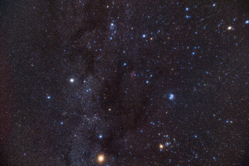 Milky Way stars and constellations on evening sky. Planet Mars and Pleiades star cluster.