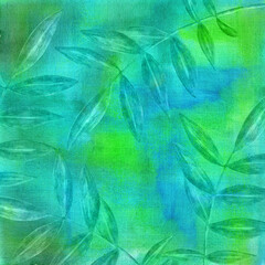 Fototapeta na wymiar Green Flower Leaves on Blue and Green Watercolor Background. Backdrop with Hand Drawn Flower.