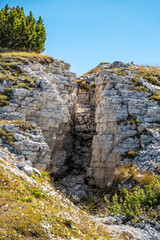Remains of military trenches on Mount Piano in the Dolomite Alps, built during the First World War