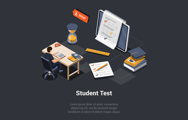Education, Graduation, Student Test Concept. Happy Cheerful Boy Pupil Has Test Or Exam In Classroom. Questionnaire Form, Online Education, Survey Or Internet Quiz. Isometric 3D Vector Illustration