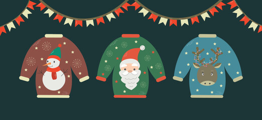 Fototapeta premium Christmas postcard with different cartoon ugly sweaters. Cute Christmas sweaters concept in flat style. Vector ugly sweater party invitation.