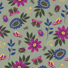 Fototapeta premium Seamless trendy forest nature pattern. Abstract flowers, leaves, plants, insects summer, green background, hand drawn, minimalist, packaging, wallpaper, design for textiles, vector