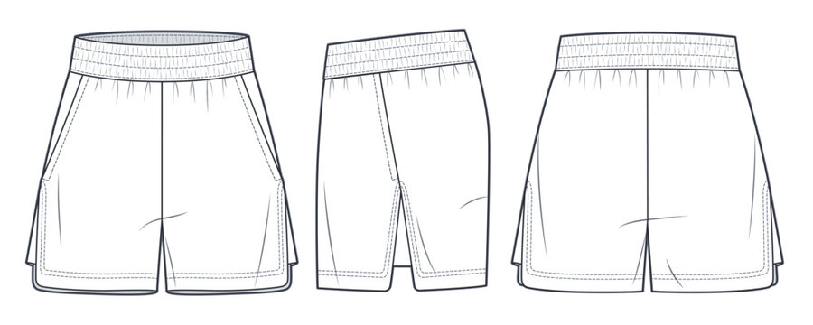 Unisex sweat Shorts technical fashion illustration. Short Pants fashion flat technical drawing template,elastic waist, pockets, front, side and back view, white, sportswear unisex CAD mockup set.