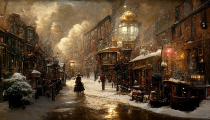 Naklejka na ściany i meble AI generated image of Christmas in the streets of a small industrial town in 1920s America 