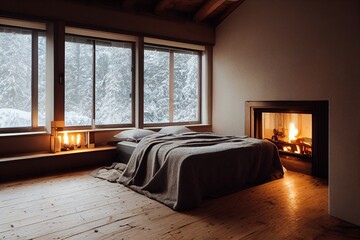 Obraz premium Cozy warm apartment bedroom Interior in winter 3D illustration with copy space