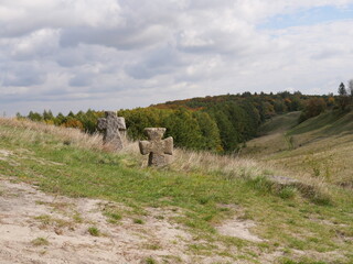 Old stone crosses in the village of Pidkamin