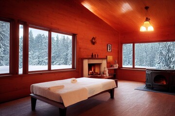 Cozy warm apartment bedroom Interior in winter 3D illustration with copy space