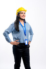 Indian woman engineer giving expression on white background.