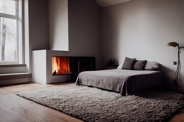 Cozy warm apartment bedroom Interior in winter 3D illustration with copy space