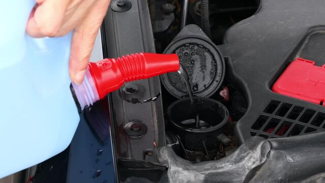 Refilling Washer Fluid In The Car Preparing The Car For Winter Driving, Road Safety In Bad Weather Conditions