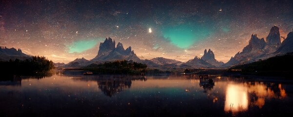 Spectacular nature background of beautiful mountain and lake in starry night with shimmering light, pixie dust. Digital art 3D illustration of panoramic mountain view with stars reflect in lake water.
